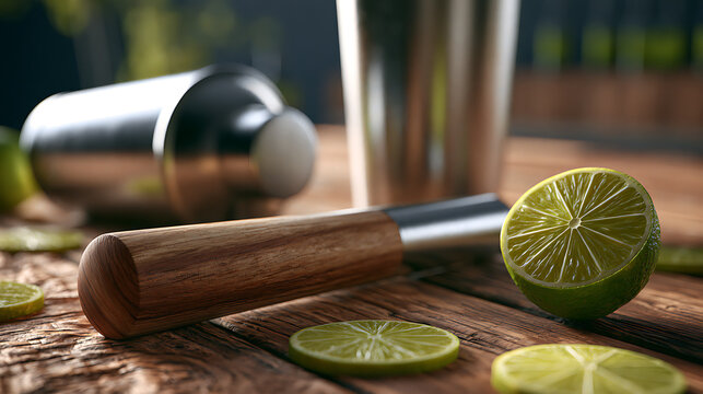Cocktail muddler and shaker rest on a wooden surface stainless steel