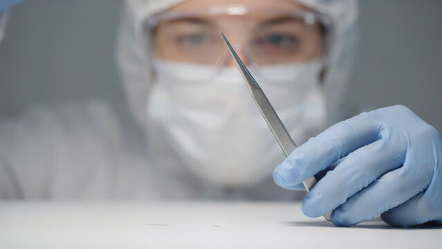 scientist in protective gear holding surgical tweezers in laboratory
