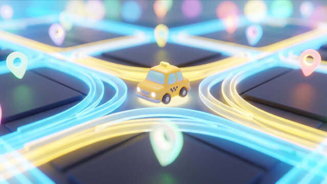 発光するサイバー車線の中央に佇む黄色いタクシー玩具のマクロ3D背景