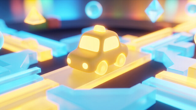発光するサイバー車線の中央に佇む黄色いタクシー玩具のマクロ3D背景