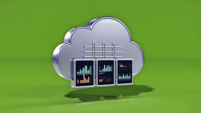 Cloud computing data storage icon showing digital analytics charts on a green background for modern business technology