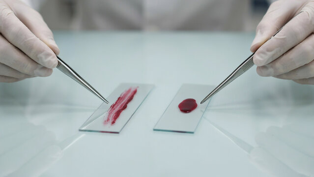 laboratory technician analyzing liquid specimens on glass slides using tweezers