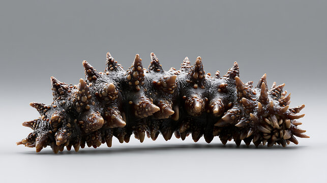Sea cucumber with textured skin rests on a neutral gray background