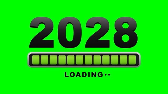 Faithful battery-style loading recreation on solid chroma GREEN background: the huge 2028 digits look VOLUMETRIC and filled with substance - a stacked extrusion of dark copies beneath gives real thick