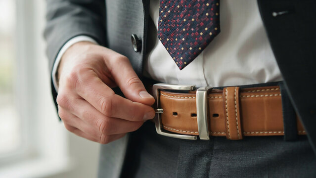 businessman adjusting belt wearing formal suit and tie