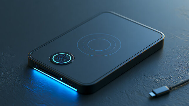Secure portable external hard drive with fingerprint reader dark blue rendering