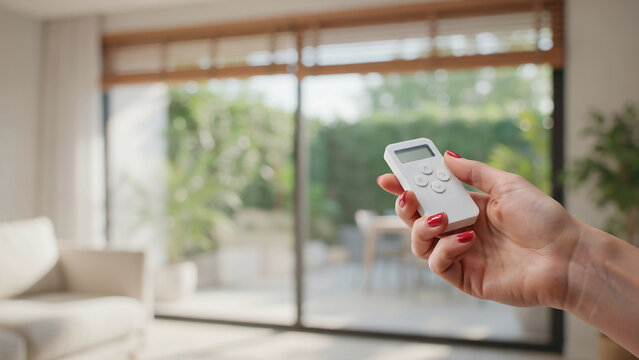 woman hand holding smart home remote control in living room