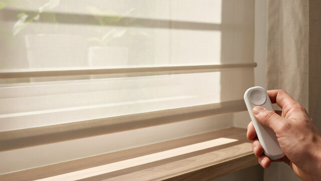 hand using remote control to adjust motorized window blinds