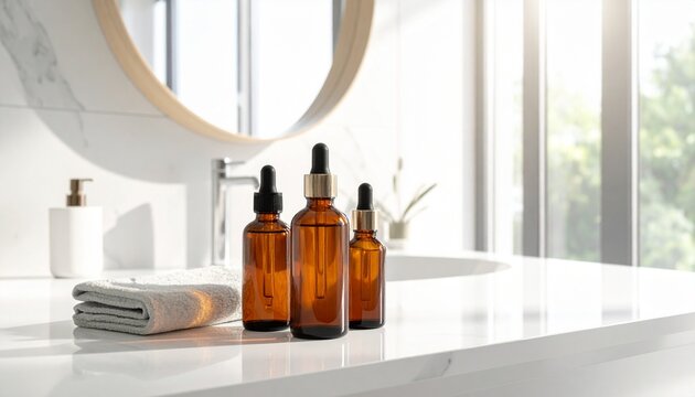 Amber serum bottles with droppers on a clean white bathroom vanity, featuring a soft morning skincare routine set.