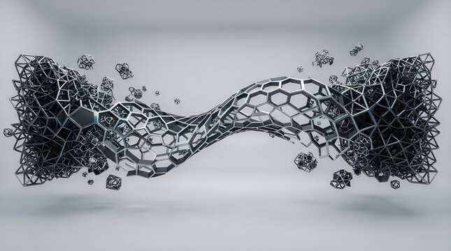 Abstract Hexagonal Wave, Futuristic 3D Metallic Mesh Structure with Floating Polygons on Gray Background

