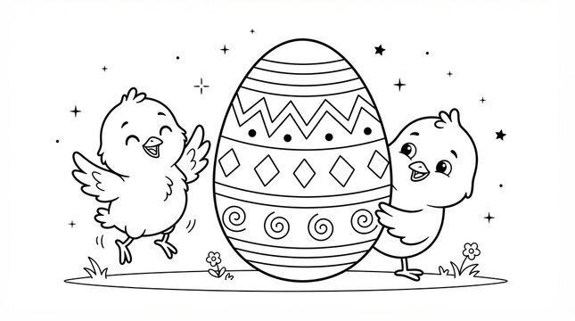 Two cute little chicks standing next to a decorated easter egg for kids coloring page