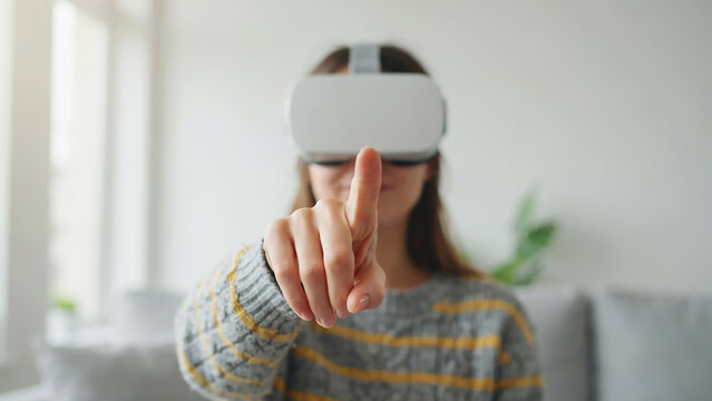 woman wearing virtual reality headset touching screen