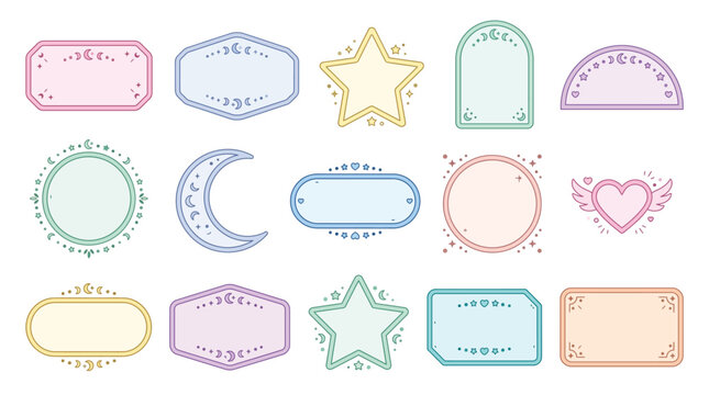 Set of cute pastel celestial frames and labels with moons, stars, and hearts, decorative vector borders for planners, journals, and scrapbooking