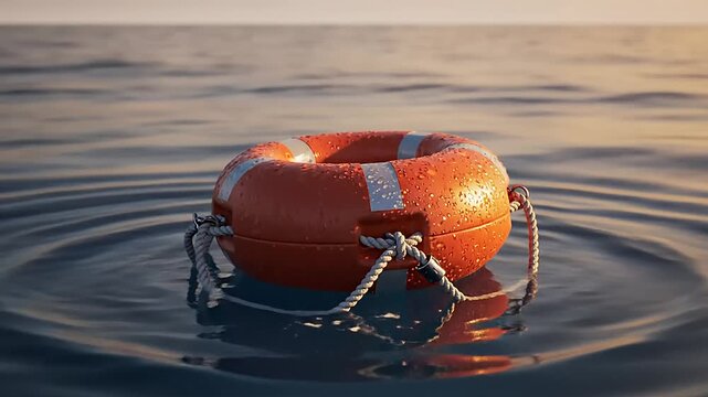 Orange life buoy floating on water at sunset with gentle ripples and clear sky in the background