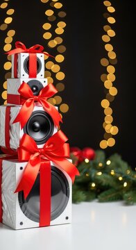Elegant stack of high-fidelity audio speakers wrapped as holiday presents with large red ribbon bows, set against a festive background, box, entertainment, sleek