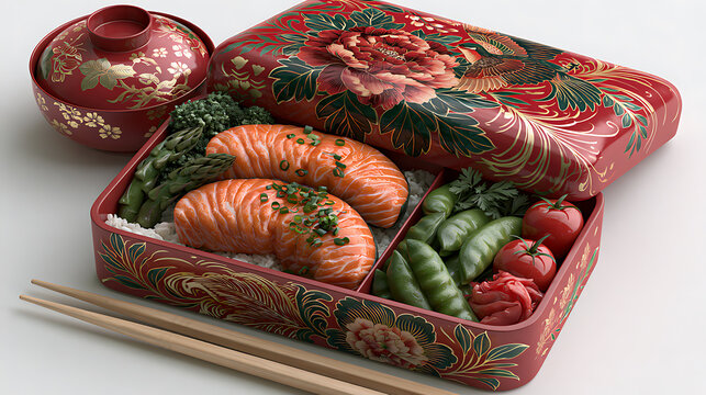 Open bento box filled with sushi vegetables and rice on white surface