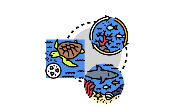 Marine benthic life ecosystem showing different underwater animals and environmental elements like corals, fish, turtle, shark, and seabed, representing biodiversity and conservation needs