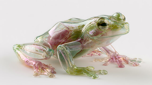 Transparent glass frog with visible internal organs against a white background