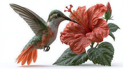 Fototapeta premium Hummingbird feeding on a red hibiscus flower detailed 3d rendering