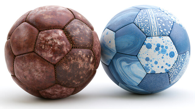 Vintage and modern soccer balls rest side by side on a white surface