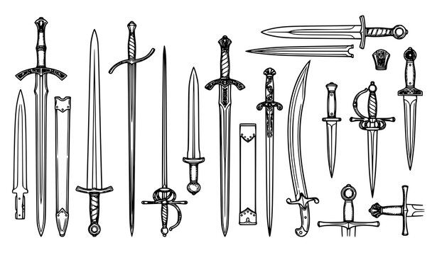 Medieval Swords and Daggers Vector Collection with Antique Cold Weapons Scabbards Rapier Saber and Historical Combat Blades Line Art Design Elements