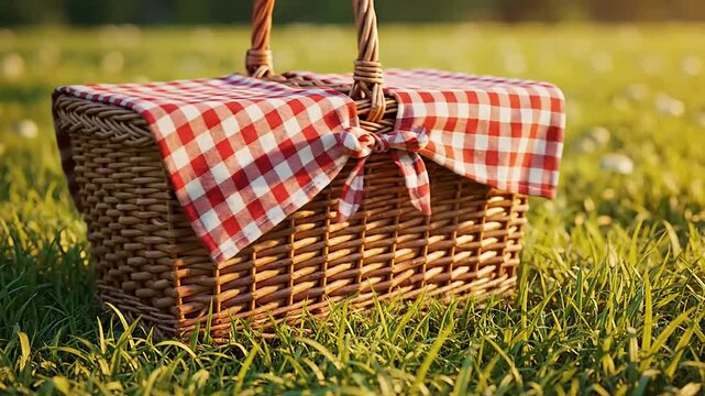 Picnic basket on grass in a park with checkered cloth in a sunny park setting