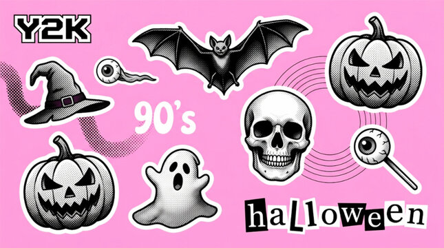 Y2K Halloween sticker pack with pumpkins ghost skull bat witch hat and eye on pink background retro 90s vibe. Halftone vector.