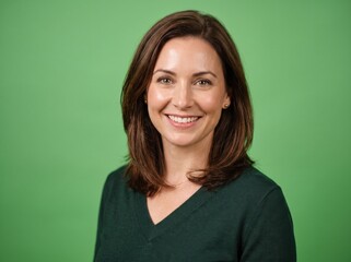 Fototapeta premium Smiling woman with shoulder length brown hair wearing a dark green v neck sweater against a solid light green background