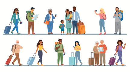 Fototapeta premium A wide horizontal collection of 12 diverse travelers and tourists standing.
