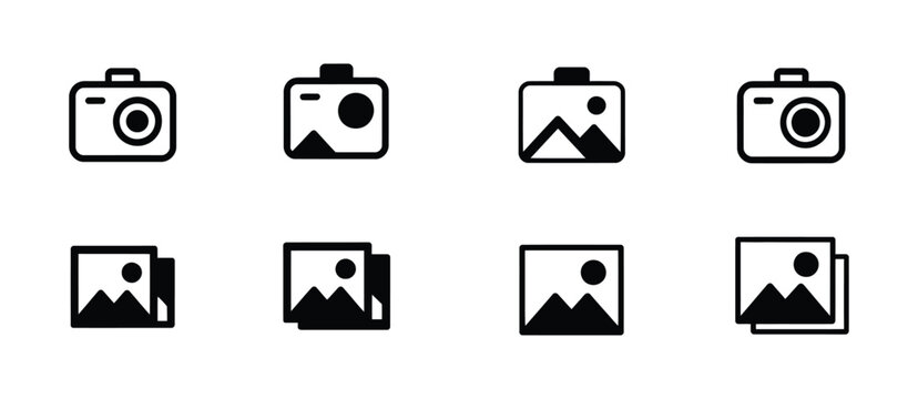 Gallery icon set featuring photo album symbols, image files, digital media, photography, picture storage, visual content, and design concepts.