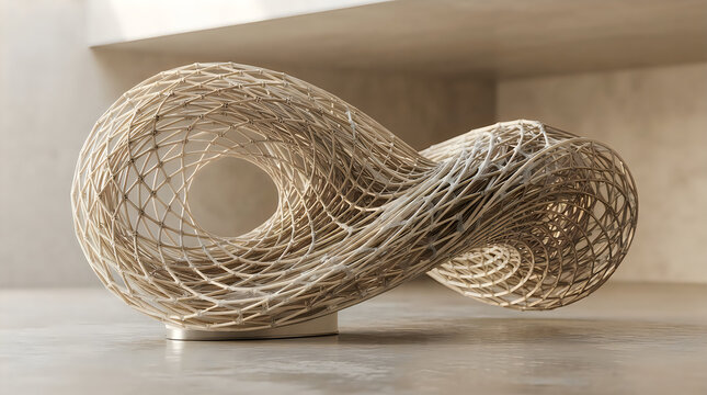 Parametric Shell Sculpture, Beige Woven Lattice Infinity Form Render