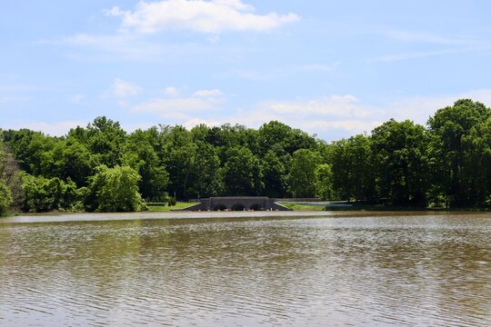 The calm lake in the park on a sunny day.