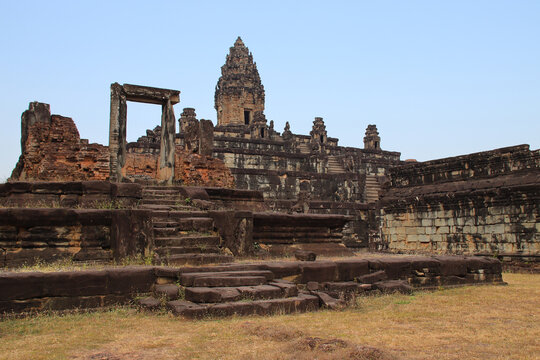 ruined hindu and buddhist khmer temple (bakong) at angkor in siem reap in cambodia 