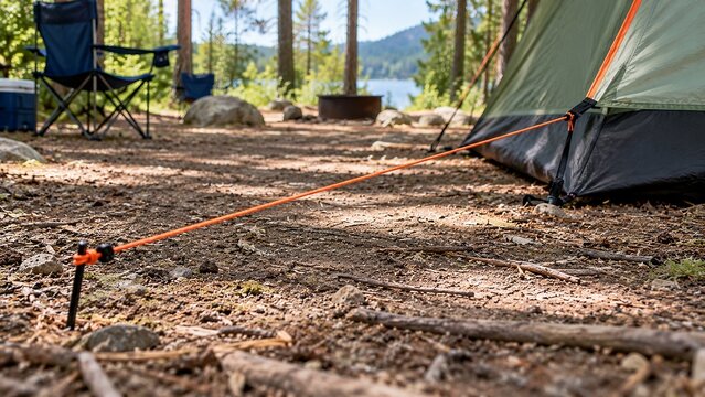 ow-angle view of thin tent guyline stretched across walking area beside campsite tent, creating obvious trip hazard