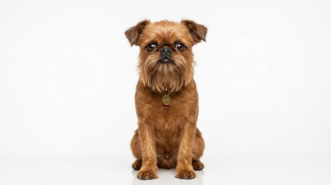 Cute Brussels Griffon Dog Portrait, Sitting with Medal Collar, White Background
