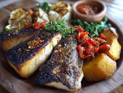 Grilled fish fillets with roasted potatoes and charred lemon
