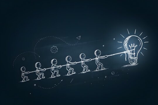 Hand drawn sketch of a team of stick figures pulling a rope attached to a bright glowing light bulb on a dark chalkboard background representing collective effort success
