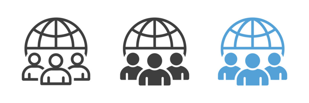 Global Community icon set representing teamwork, collaboration, connected people, international communication, diversity, networking, and worldwide relationships.