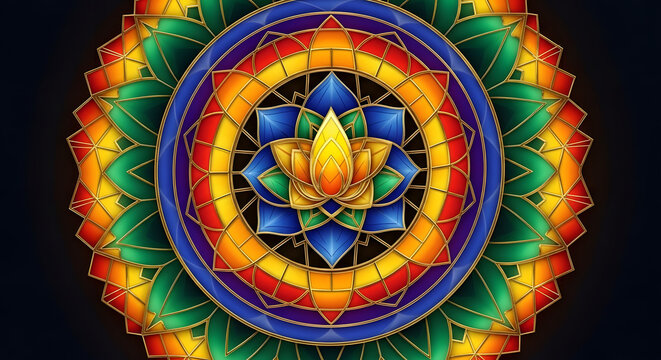 Vibrant mandala lotus flower, colorful stained glass geometric pattern, spiritual meditation circle art with rainbow petals