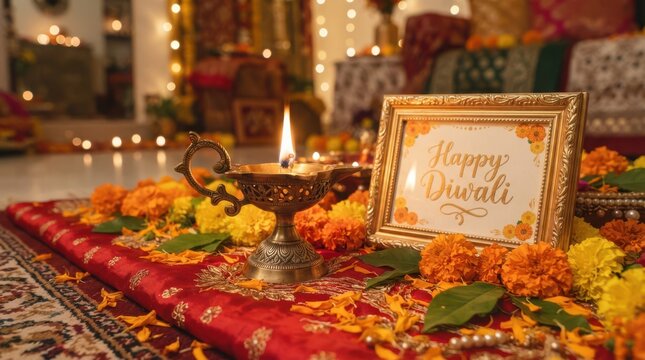 Diwali greeting card frame with burning oil lamp