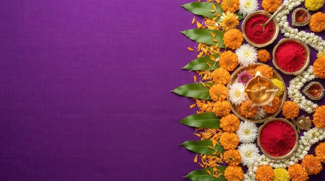 Purple background with traditional flowers and powders