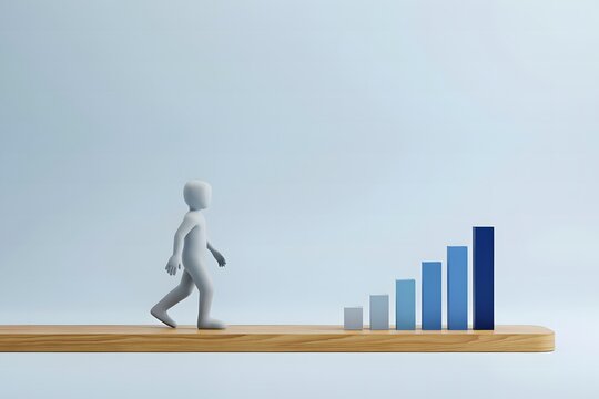 A 3d rendered human figure walking towards a blue rising bar chart on a wooden surface, representing business growth, professional progress, and strategic development.