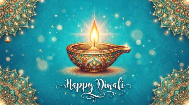 Happy Diwali greeting card with glowing diya lamp and teal background