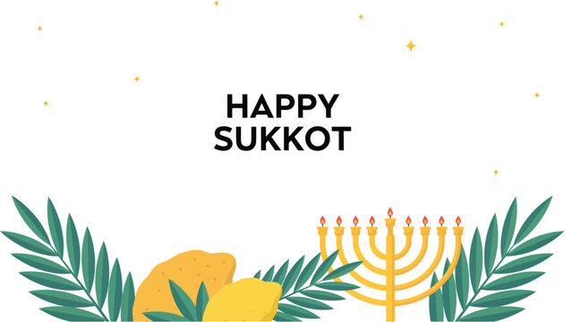 Festive Sukkot illustration featuring bold text &ldquo;Happy Sukkot&rdquo; above symbolic elements including green palm leaves, yellow citron fruits, and a golden menorah with lit candles, representing Jewish har