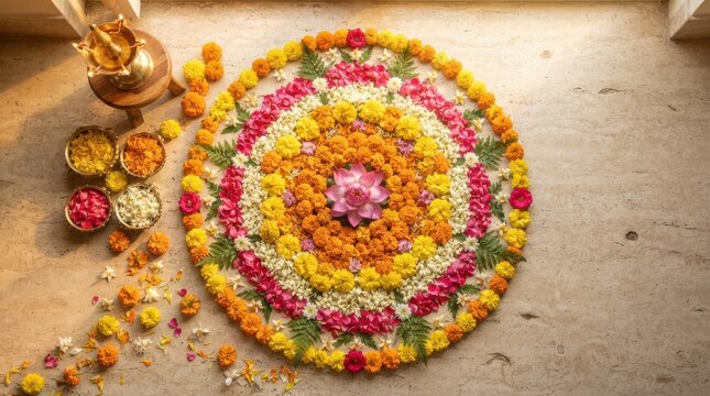 Intricate flower rangoli mandala with lotus flower and oil lamp