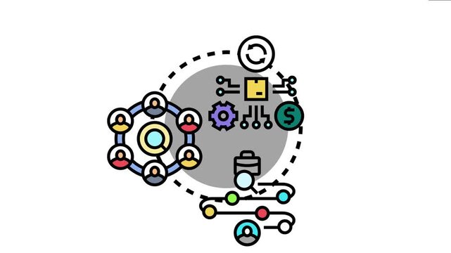 Business professionals visualizing sales process mapping for a strategic development workflow, involving customer relationships, data analysis, and financial operations through an organized network