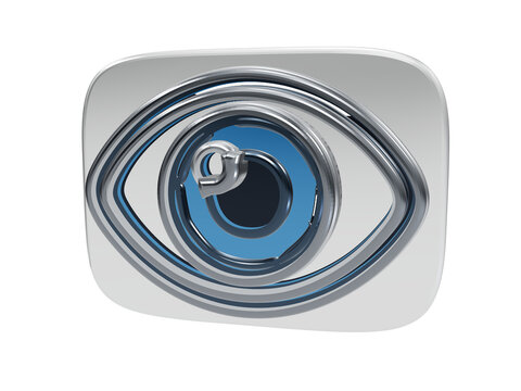 Metallic eye icon with blue iris on white... isolated on a transparent background, silver d
