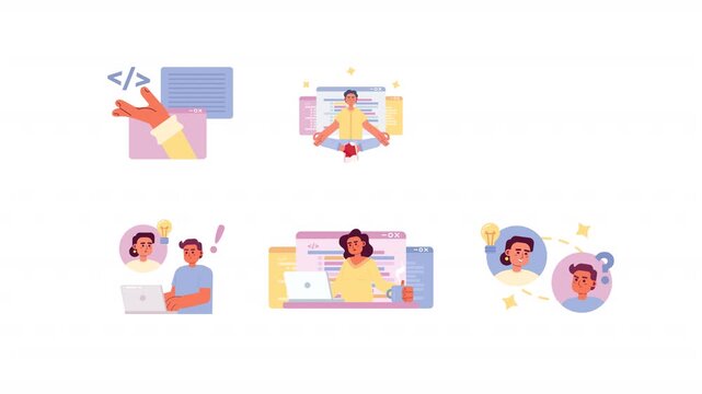 Web development cartoon animation pack. Programmers working on laptops. Software engineering. Solving problems. Coding support animated flat 4K video collection isolated on transparent background