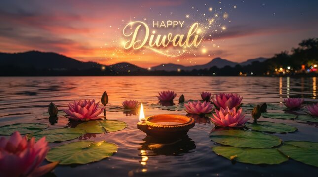 Happy Diwali greeting card with lotus flowers on water