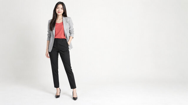 Asian woman in gray blazer full body studio portrait